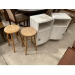 A PAIR OF PINE STOOLS AND PAIR BEDSIDE LOCKERS