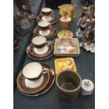 FOUR CROWNFORD BURGUNDY CHINA TRIOS, PLUS GRAY'S POTTERY HANDPAINTED YELLOW JUG, PRESERVE POT, PIN