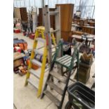 THREE LADDERS TO INCLUDE A THREE RUNG WOODEN STEP LADDER A LOFT LADDER AND A FIVE RUNG ALUMINIUM