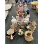 A QUANTITY OF CERAMIC ITEMS TO INCLUDE FIGURINES, A WADE VIKING LONGSHIP, MINIATURE POTS, ETC