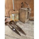 TWO VINTAGE OIL CANS AND TWO PAIRS OF VINTAGE SHEEP SHEARS