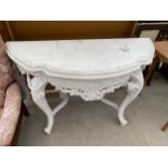 A 19TH CENTURY STYLE WHITE PAINTED CONSOLE TABLE, 56" WIDE WITH CARVED FOLIATE DECORATION