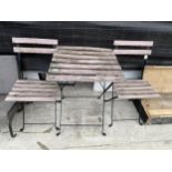 A FOLDING WOODEN SLATTED BISTRO SET COMPRISING OF A SQUARE TABLE AND TWO CHAIRS