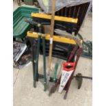 A PAIR OF FOLDING SAW BENCHES AND AN ASSORTMENT OF GARDEN TOOLS TO INCLUDE A RAKE AND SHEARS ETC