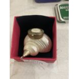 A VINTAGE SHELL PILL BOX WITH WHITE METAL LID