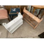 PAINTED THREE TIER WALL SHELVES, PLATE RACK AND STOOL WITH HUNTING SCENES