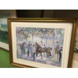 FOUR FRAMED PRINTS WITH A HORSE RACING THEME - A GREY HIRSE LOOKING OVER A WALL WITH DOGS, RACEDAY