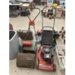 A MOUNTFIELD PETROL ENGINE LAWN MOWER AND A VINTAGE QUALCAST PUNCH EP30 LAWN MOWER