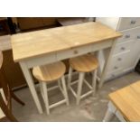 A MODERN KITCHEN SIDE TABLE WITH SINGLE DRAWER AND A PAIR OF MATCHING STOOLS