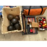 AN ASSORTMENT OF VINTAGE GAMES AND SPORTS ITEMS TO INCLUDE BOWLS, A BACK GAMMON SET AND SNOOKER