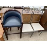 A PAIR OF MODERN METALWARE DINING CHAIRS AND STOOL WITH RAISED BACK
