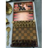 A WOODEN CHESS BOARD WITH RESIN ROMAN FIGURE CHESS PIECES - 3 A/F PLUS A BACKGAMMON/DRAUGTS BOARD