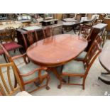 A MODERN YEW WOOD EXTENDING DINING TABLE, 71X40" (LEAF 23") AND SIX CHIPPENDALE STYLE DINING CHAIRS