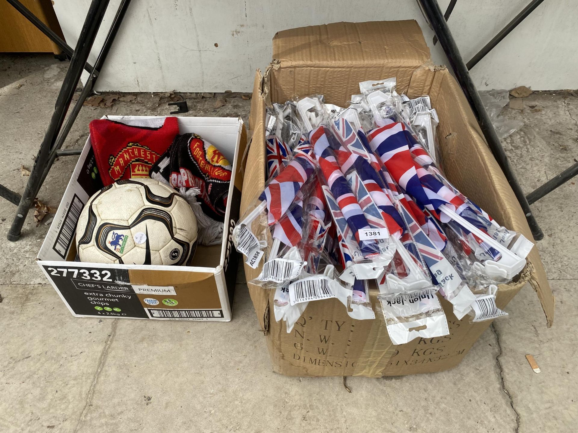 A LARGE QUANTITY OF UNION JACK CAR FLAGS, A FOOTBALL AND TWO SCARVES ETC