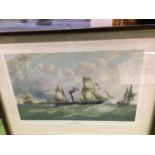 A LARGE GILT FRAMED PRINT 'THE WHALER PHOENIX OFF GREENWICH - 1820' BY J. STEVEN DEWS, SIGNED