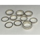 TEN WHITE METAL RINGS TESTED AS SILVER