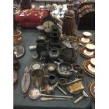A MIXED LOT TO CONTAIN PEWTER JUGS, TANKARD, INKWELLS, ETC PLUS VINTAGE SCALES, HARMONICA, SCENT