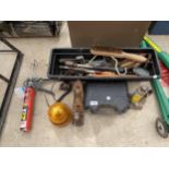 AN ASSORTMENT OF TOOLS TO INCLUDE A WOOD PLANE, AXE AND A FLASHING LIGHT ETC