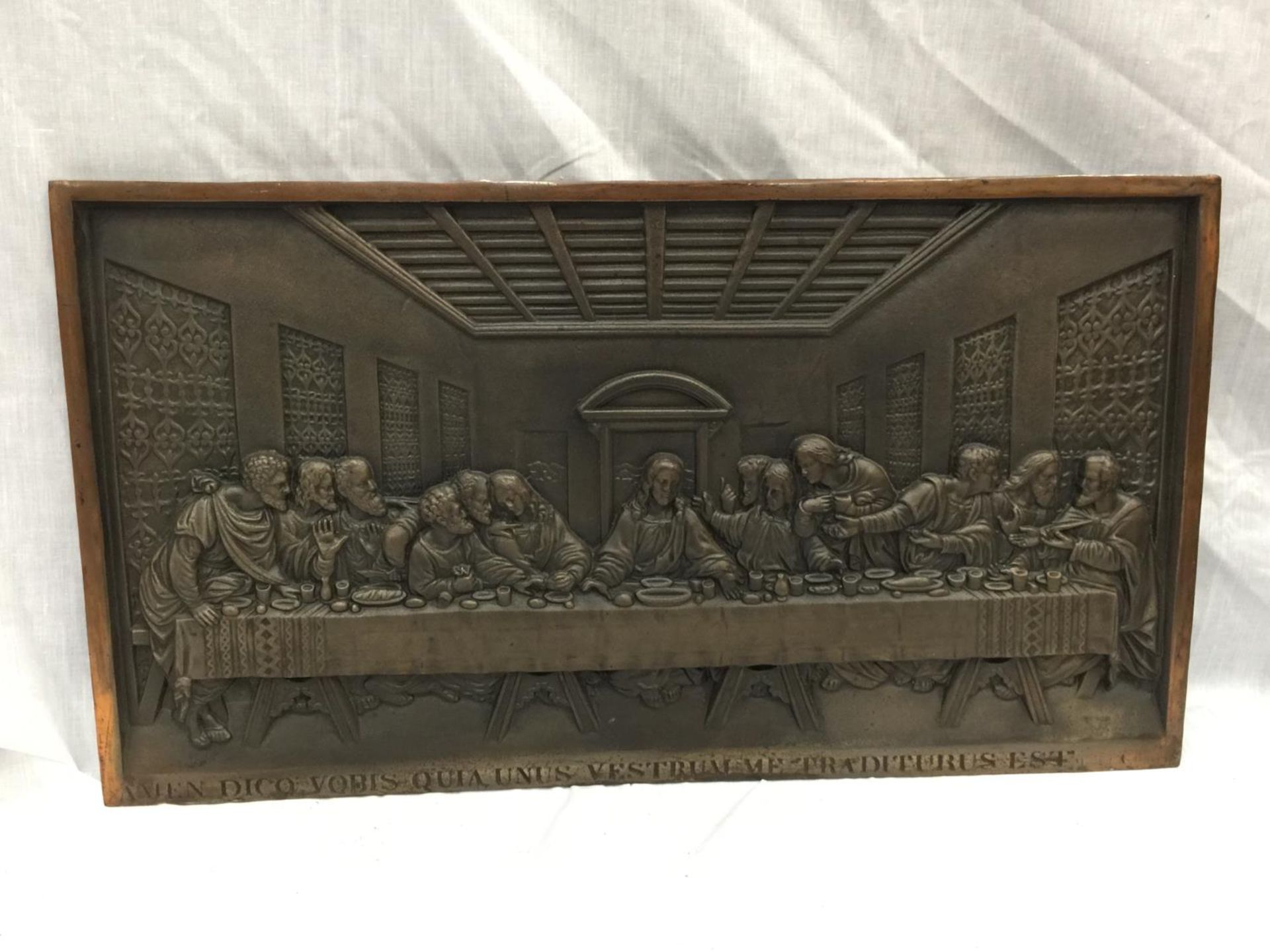 A HEAVY CAST IRON HANGING PLAQUE OF THE LAST SUPPER W: 67CM