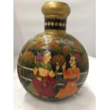 A HAND PAINTED METAL VASE WITH INDIAN STYLE DESIGN H: 29CM