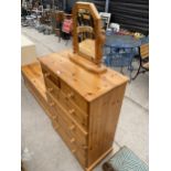 A MODERN PINE CHEST OF TWO SHORT AND FOUR LONG DRAWERS, 34" WIDE, WITH SWING FRAME MIRROR