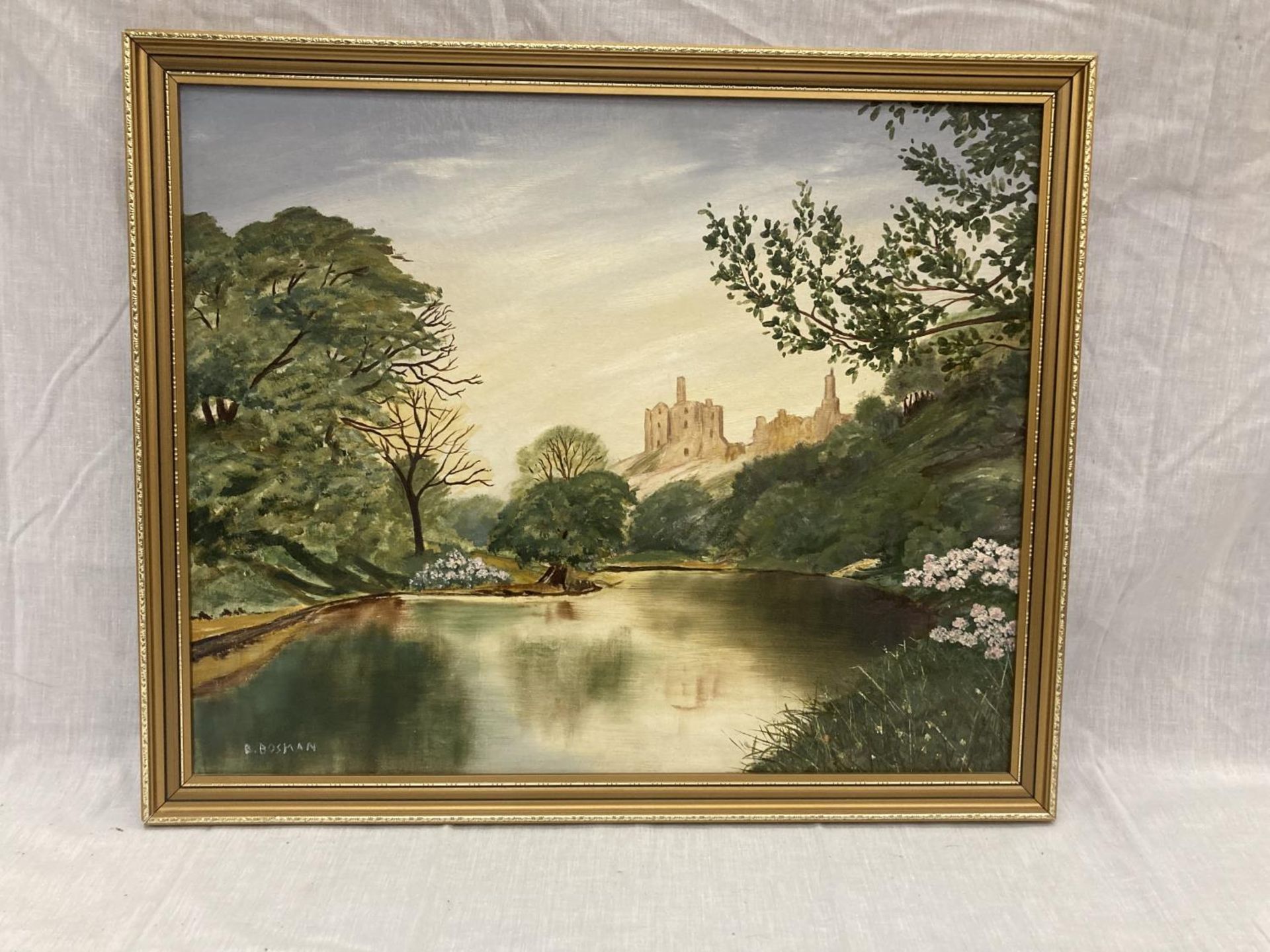 AN OIL ON BOARD SIGNED BY B BOSMAN OF A LAKE VIEW WITH WHAT APPEARS TO BE A CASTLE IN THE BACKGROUND