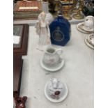 A QUANTITY OF CERAMICS TO INCLUDE A BELL'S DECANTER, LADY FIGURE, COW LIDDED DISH, ETC