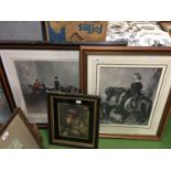 THREE FRAMED VINTAGE PRINTS - 'THE RIDING SCHOOL' 92CM X 81CM, A BOY ON A PONY CARRYING RABBITS WITH