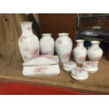 A QUANTITY OF VASES, TRINKET BOXES, ETC, WHITE WITH PINK FLORAL DECORATION