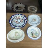 A VINTAGE ROYAL WINTON GRIMWADES NURSERY RHYME BOWL TOGETHER WITH TWO OTHERS AND TO INCLUDE SAUCERS,