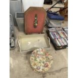 A LARGE WOODEN TRAY, A FIRE SCREEN AND A HAT BOX