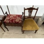 AN EDWARDIAN MAHOGANY AND INLAID PIANO STOOL WITH LIFT-UP LID AND NURSING CHAIR