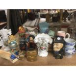 A ARGE MIXED LOT TO INCLUDE JUGS, VASES, SNOW GLOBE BETTY BOOP, NESTING DOLLS, JOHN MAJOR TALKING
