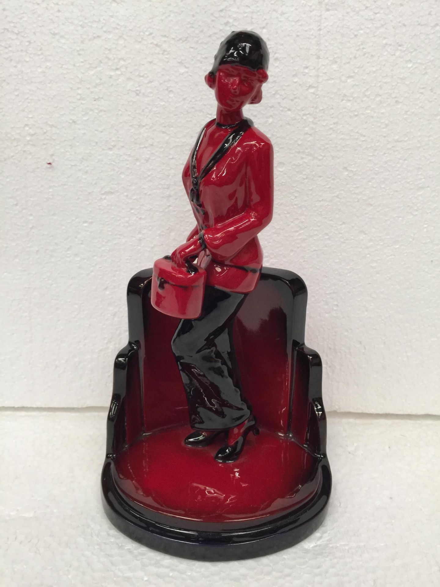 A PEGGY DAVIES RUBY FUSION ART DECO FIGURINE - 26 CM IN HEIGHT