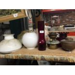 THREE VINTAGE GLASS LAMPSHADES, A HINK'S N0. 2 LEVER OIL LAMP WITH CRANBERRY GLASS CHIMNEY AND SHADE