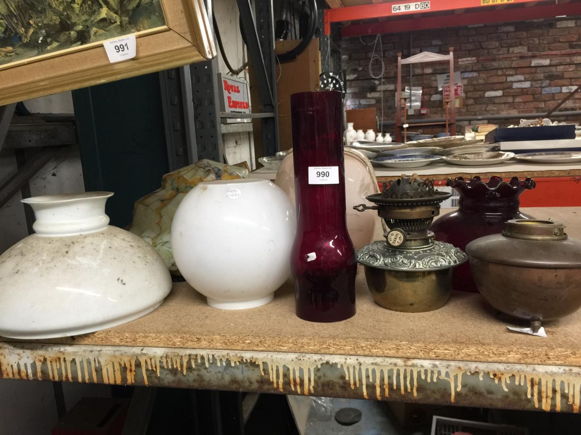 THREE VINTAGE GLASS LAMPSHADES, A HINK'S N0. 2 LEVER OIL LAMP WITH CRANBERRY GLASS CHIMNEY AND SHADE