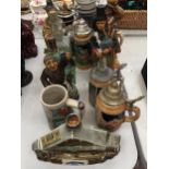 A QUANTITY OF PEWTER LIDDED STEINS, ONE WITH ZEPPELLIN DECORATION, ITALIAN FIGURINE LIQUEUR BOTTLES,