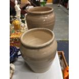 TWO LARGE STONEWARE PLANTERS/VASES IN A CAPPUCCINO COLOUR HEIGHT 31CM AND 24CM