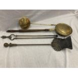 A COPPER AND BRASS BED WARMING PAN, FIRE TONGS, SHOVEL AND A BRASS CHESTNUT ROASTING PAN