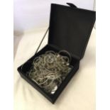 A BOX OF WHITE METAL COSTUME JEWELLERY TO INCLUDE NECKLACES, BANGLES, ETC