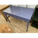 A VITORIAN BLUE PAINTED SIDE TABLE ENCLOSING TWO DRAWERS, ON TAPERING LEGS, 44" WIDE