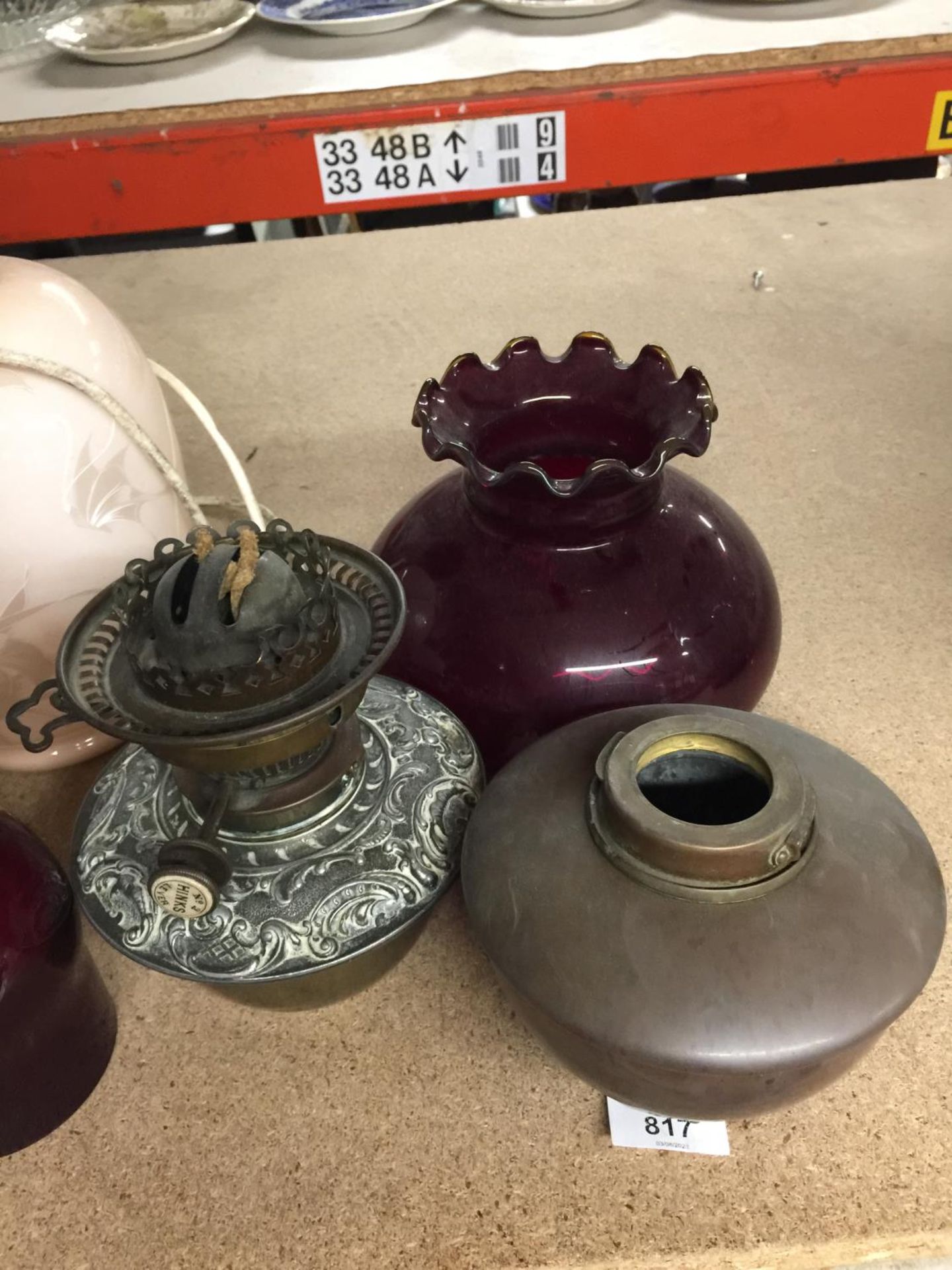 THREE VINTAGE GLASS LAMPSHADES, A HINK'S N0. 2 LEVER OIL LAMP WITH CRANBERRY GLASS CHIMNEY AND SHADE - Image 5 of 5