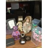 A VINTAGE PORCELAIN DOLL, MARY HAD A LITTLE LAMB PICTURE FRAME, TWO CELEBRITY BEARS IN CASES, TY