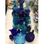 A LARGE QUANTITY OF BLUE GLASSWARE TO INCLUDE VASES, JUGS, BOWLS, ETC, SOME WITH PONTIL MARK