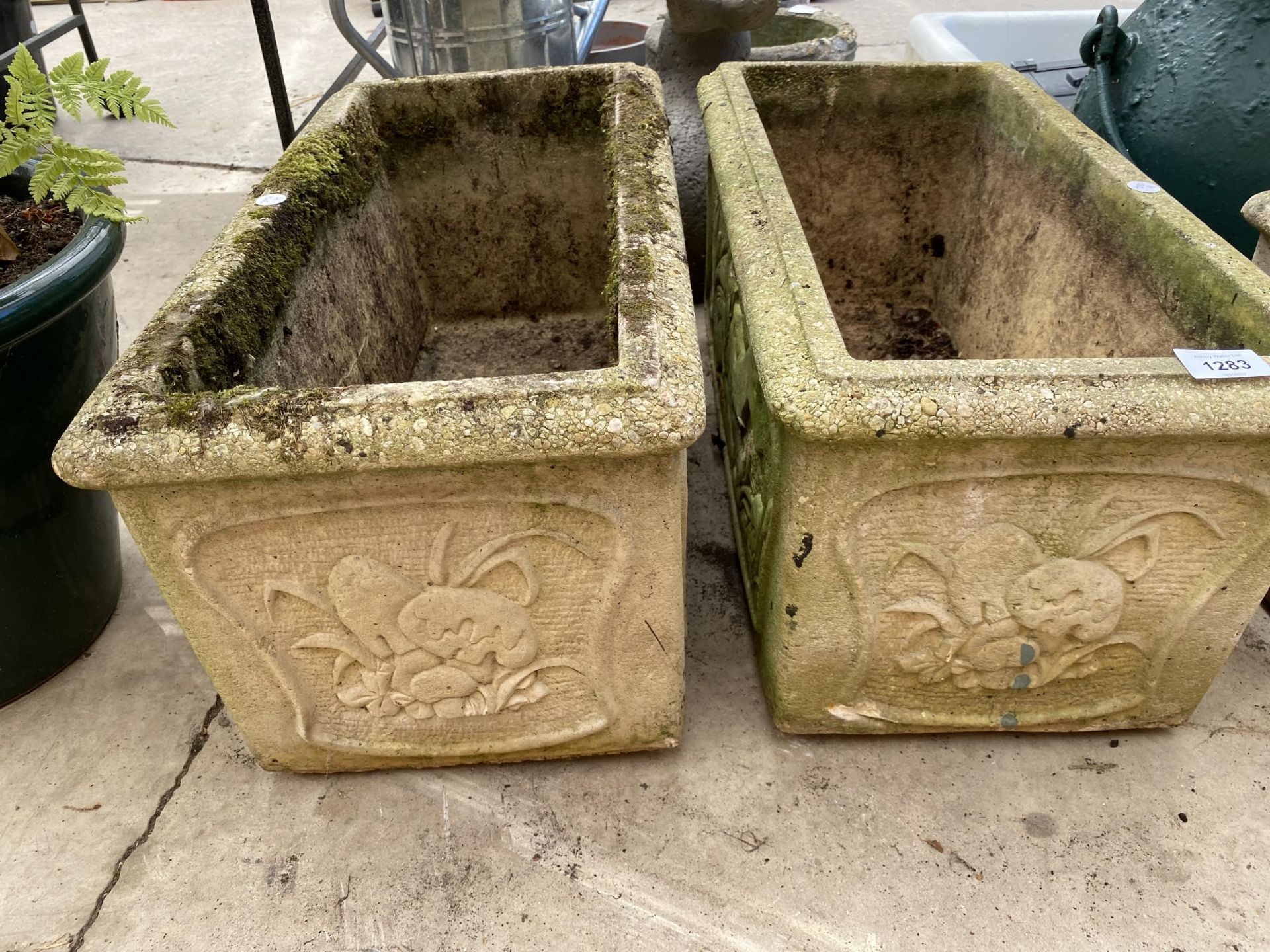 A NEAR PAIR OF RECONSTITUTED STONE PLANTERS AND A GLAZED PLANT POT - Image 3 of 6