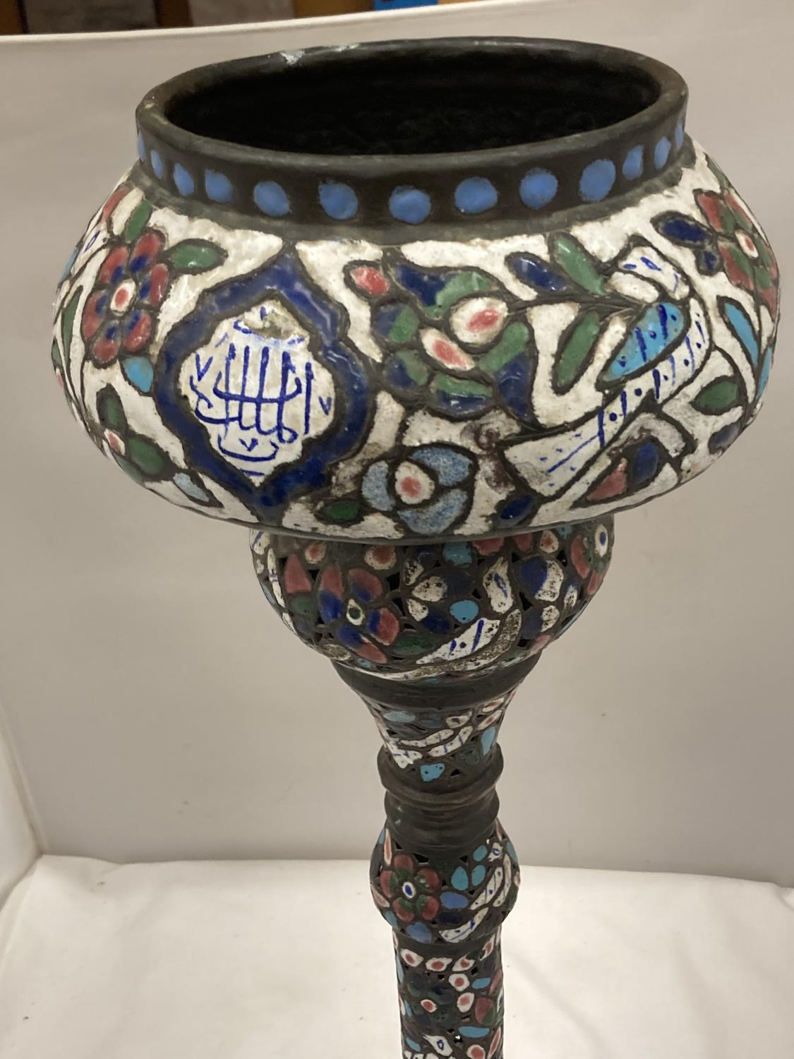 A HEAVY METAL ARABIC STYLE JARDINIERE WITH ENAMEL DETAILING H: 60CM - Image 2 of 4