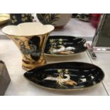 TWO PIECES OF CROWN DEVON 'PEGASUS' IN BLACK AND A CROWN DEVON 'PEGASUS' VASE IN GOLD HEIGHT 17.5CM