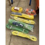 SEVEN NEW HEAVY DUTY LIFTING SLINGS AND A NEW RATCHET STRAP