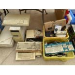 AN ASSORTMENT OF COMPUTER ITEMS TO INCLUDE KEYBOARDS, A TOWER UNIT AND CABLES ETC