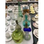 A COLLECTION OF GLASSWARE TO INCLUDE SOME MARY GREGORY STYLE - VASES, JUGS, DECANTERS, ETC